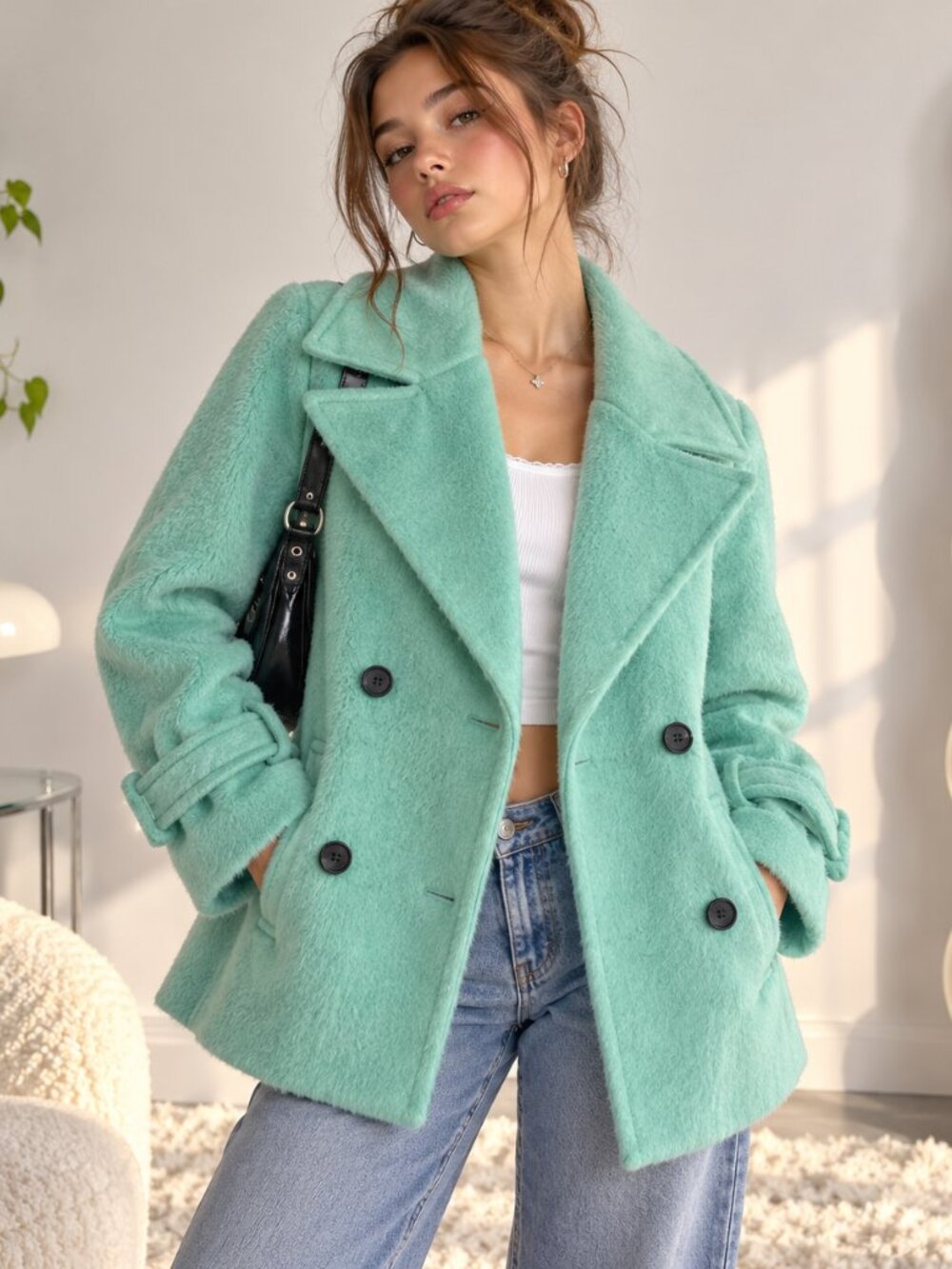 Avec Les Filles Aqua Blue Green Fuzzy Double Breasted Coat S Oversized Statement